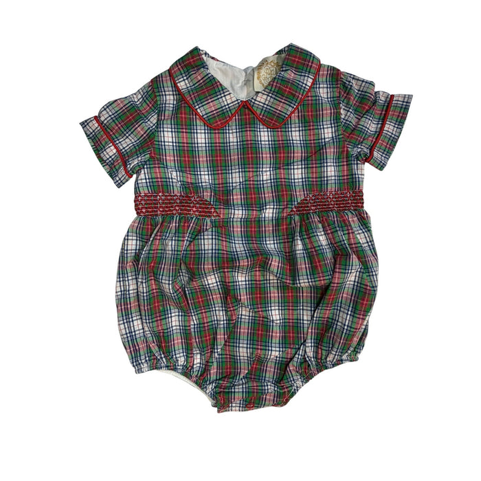 12-18M The Beaufort Bonnet Company Christmas Hand Smocked Gingham Peter Pan Collar Bubble NWOT