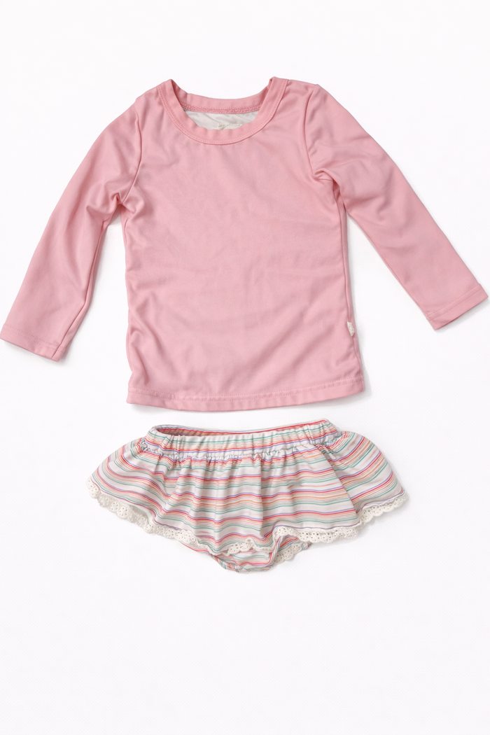 Charming Mary Pink Long Sleeve Swim Top & Rainbow Bottoms size 18M excellent used condition