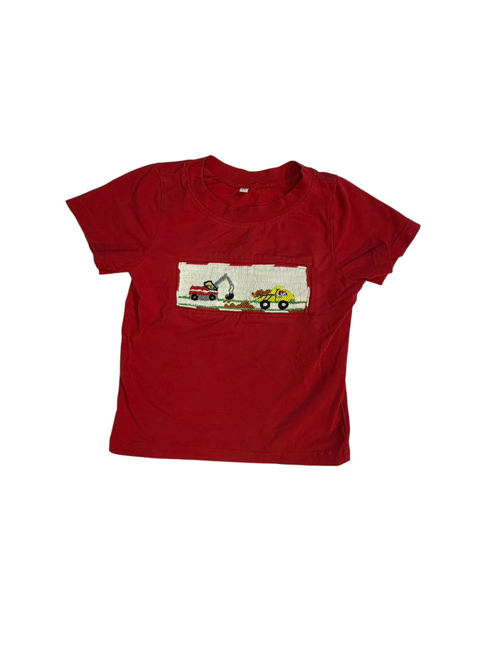 Little Lullaby Boutique Red Excavator Smocked Short-Sleeve Shirt size 2T good used condition