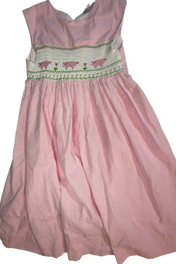 7 Orient Expressed Inc. Pink Seersucker Dress Hand Smocked with Pigs EUC