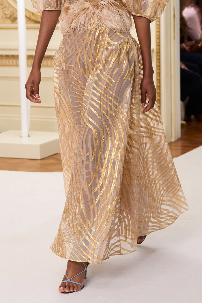 Gold Lurex Wave Fil Coupé Maxi Skirt - SS26 Runway Hem Detail Walking | Ulla Johnson