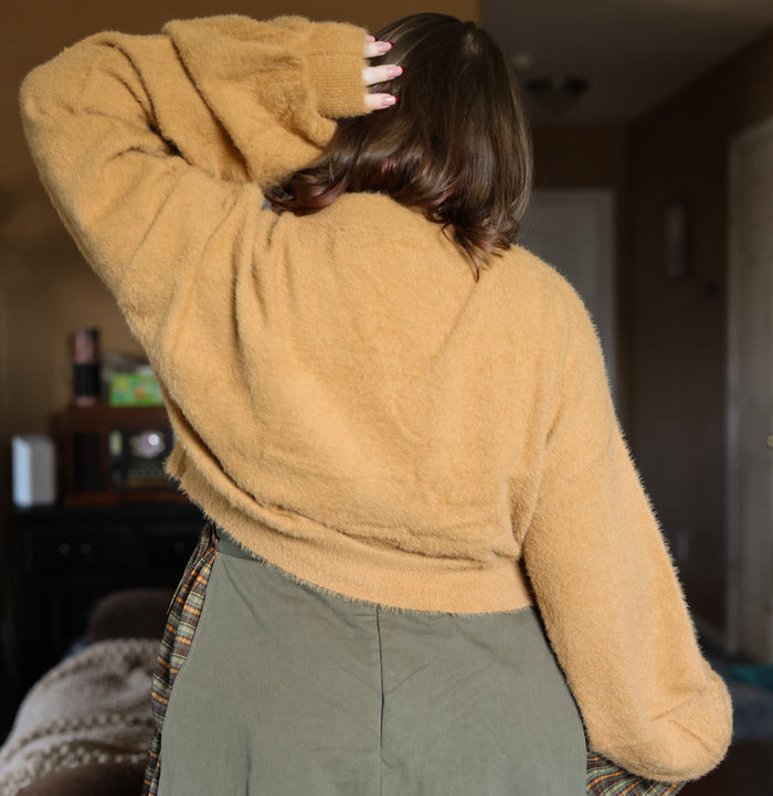 Antique Gold Cropped Fuzzy Cardigan