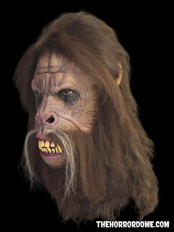 Bigfoot Halloween Mask side view showing creature hair, hand-painted face, and full over-the-head fit