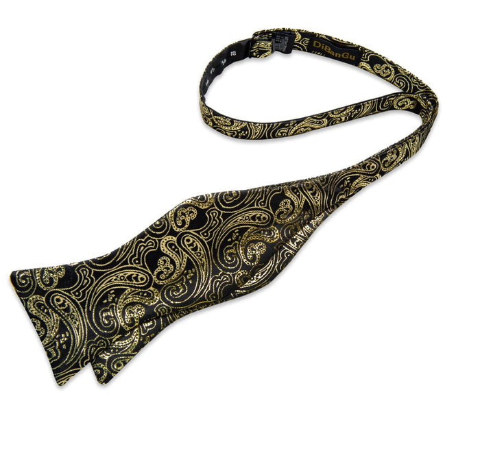 Black Golden Floral Silk Self Bowtie Pocket Square Cufflinks Set-LH-3045 - SimonVon Shop