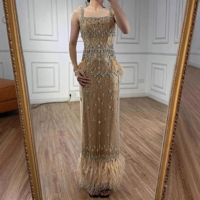 Bling Gray Mermaid Feather Arabic Midi Evening Dress with Cape LA72334 - SERENE HILL