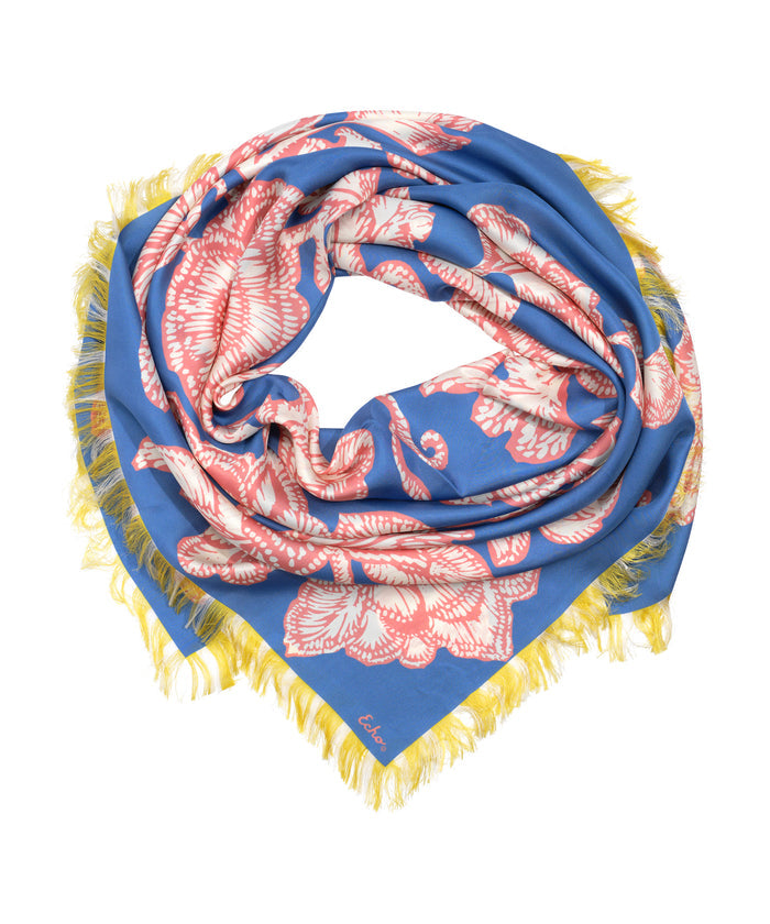 Block Floral Oversized Silk Square Scarf in color chambray