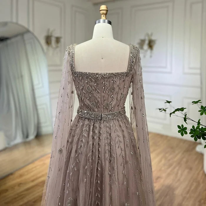 Caramel Beaded A-Line Evening Dress with Cape Sleeves LA71803A - SERENE HILL