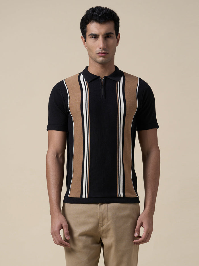 Cotton Colourblocked Zip Knit Polo
