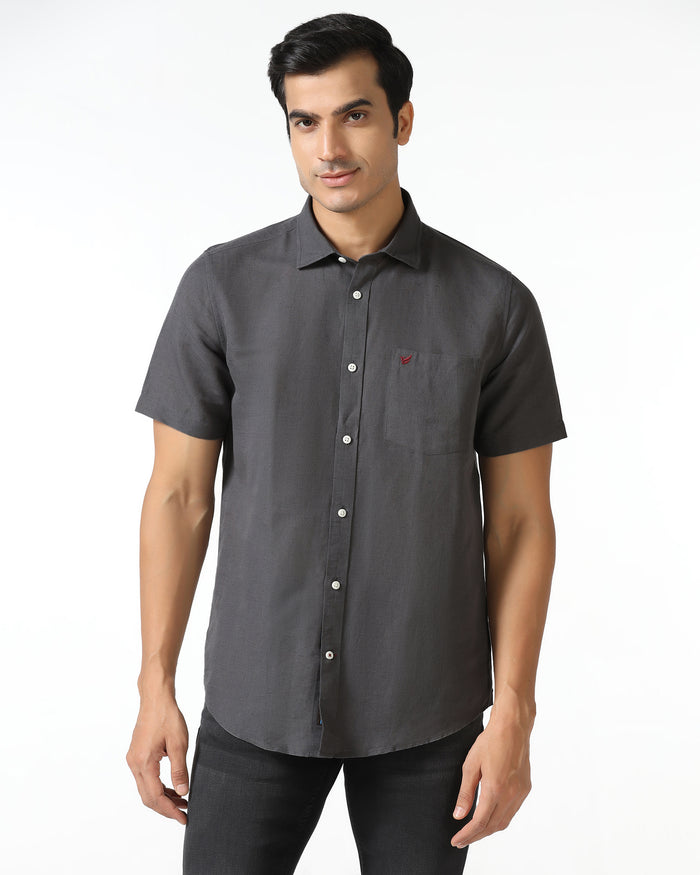 Dark Grey Half Sleeve Linen Solid Shirt - Salmon