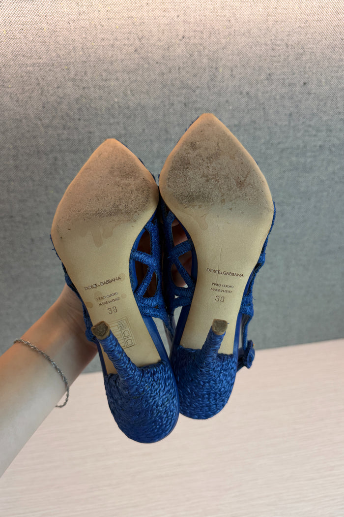 Dolce & Gabbana Blue Woven Raffia Slingback Pumps image 5