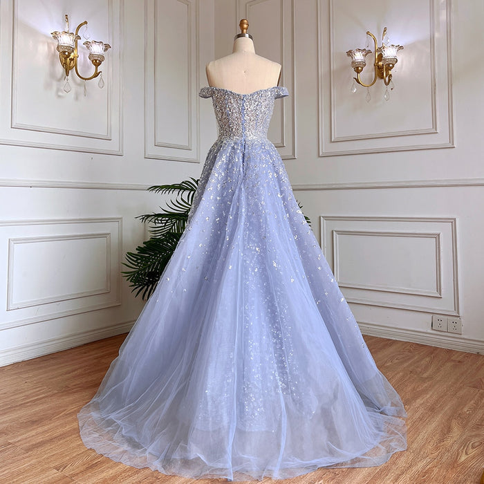 Dubai Luxury Blue Beaded Mermaid Evening Dress with Overskirt LA71796A - SERENE HILL