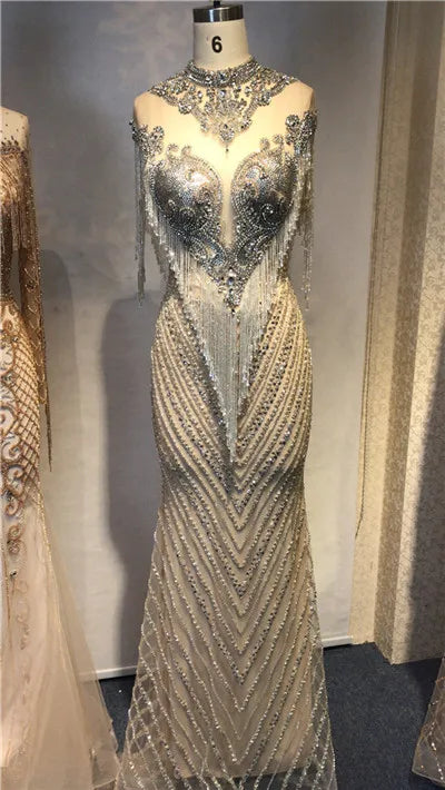 Dubai Luxury High-end Evening Dresses 2025 Champagne Grey Beaded Tassel Formal Serene Hill LA60811 - SERENE HILL