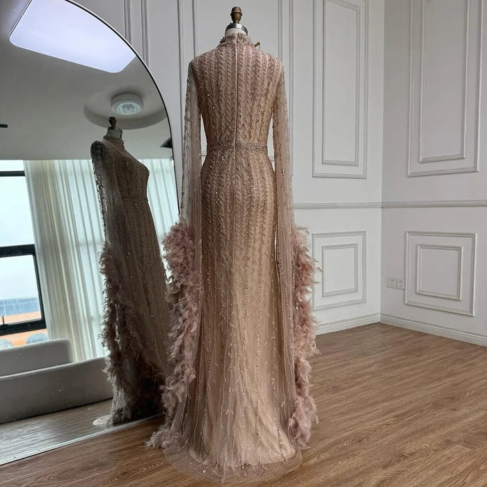 Elegant Rose Gold Evening Dress Featuring Feathered Cape Sleeves LA72947 - SERENE HILL