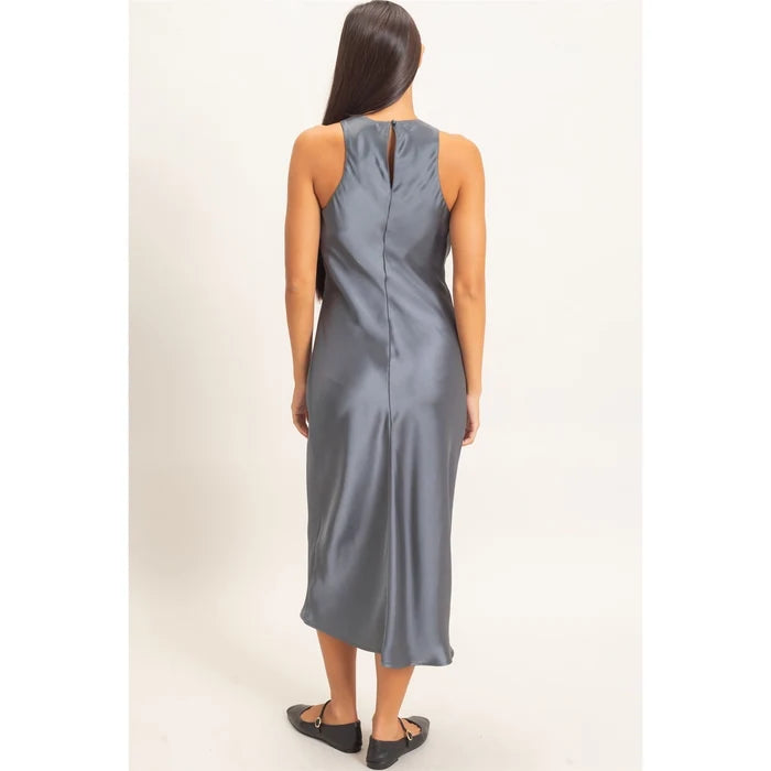 Evelyn Satin High-Neck Midi Dress