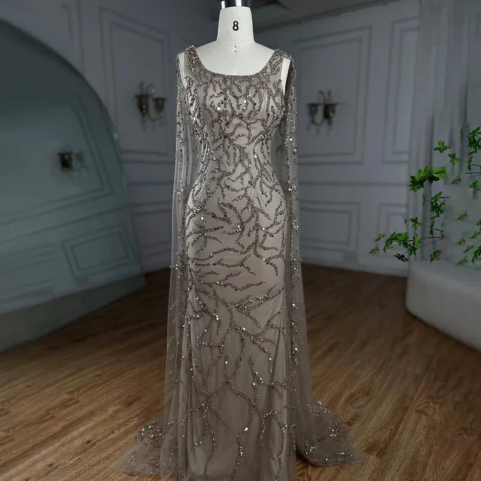 Gray Mermaid Beaded Evening Dress with Cape Sleeves LA72149 - SERENE HILL