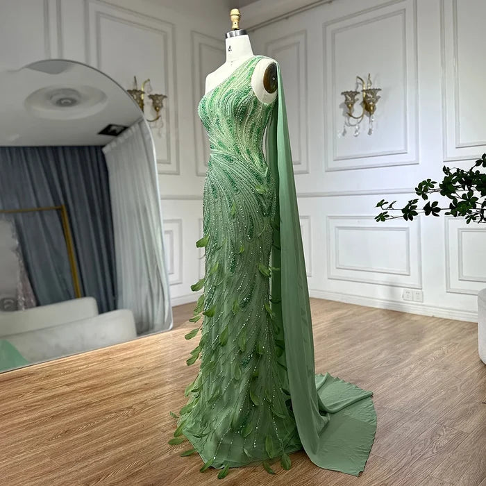Green One-Shoulder Beaded Feathers Evening Gown with Side Cape Shawl LA72698 - SERENE HILL