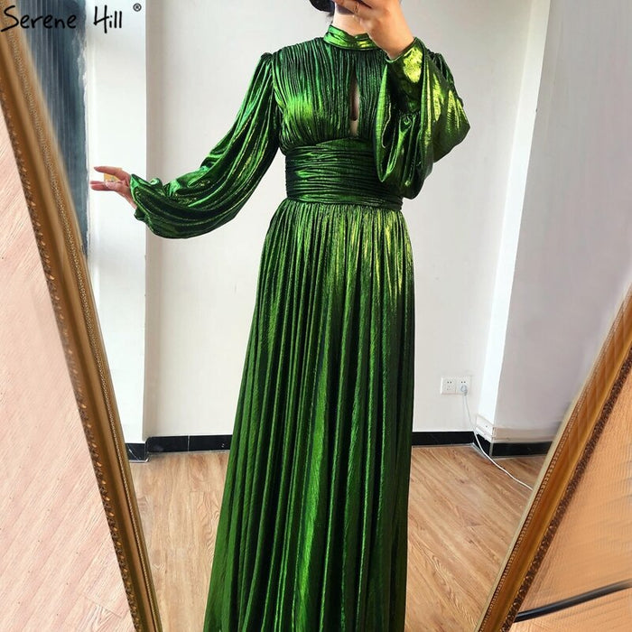 Green Satin A-Line Classy Long Sleeves Silk Evening Dress LA70554 - SERENE HILL