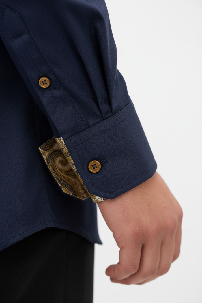 Wam Denim Ordin Navy Shirt – long sleeve cuff with gold paisley lining and gold button