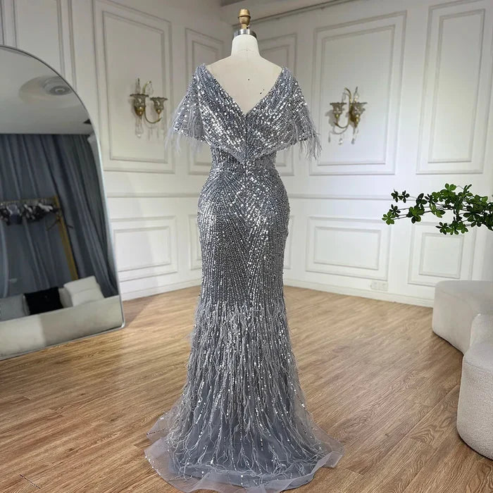 Luxury Arabic Red Mermaid Evening Dress with Feathers Beaded LA71323A - SERENE HILL