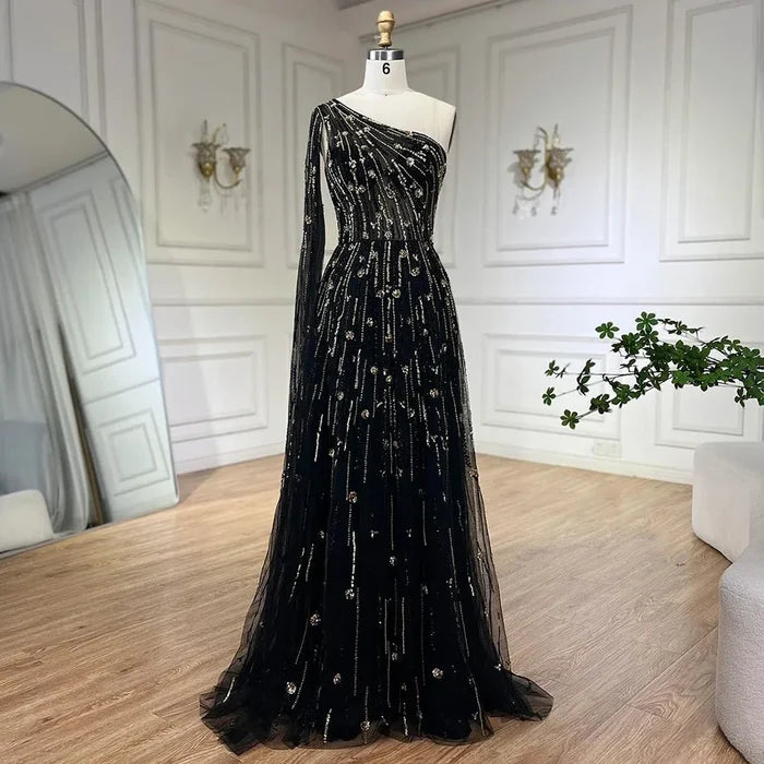 Luxury Beaded Turquoise One Shoulder Evening Dresses with Cape Sleeves LA72503 - SERENE HILL