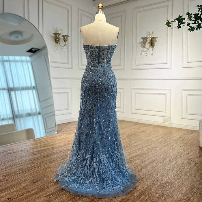 Luxury Blue Feather Beaded Evening Dress with Side Skirt LA72695 - SERENE HILL