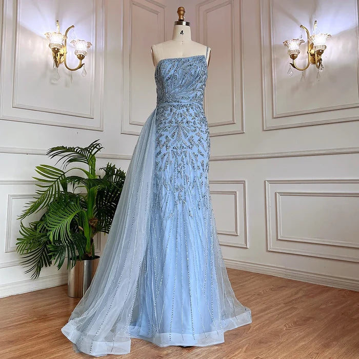 Luxury Blue One Shoulder Beaded Mermaid Evening Gown with Overskirt LA71730 - SERENE HILL