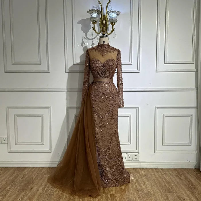 Luxury Brown Beaded Mermaid Evening Dress with Side Overskirt LA71913A - SERENE HILL
