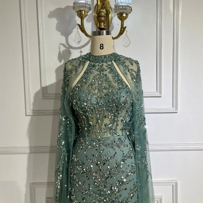 Luxury Caramel Arabic Beaded Mermaid Evening Dress with Cape Sleeves LA72652 - SERENE HILL