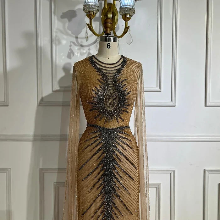 Luxury Caramel Beaded Evening Dress Gown with Cape Sleeves LA72940 - SERENE HILL