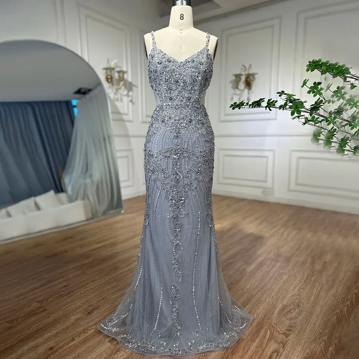 Serene Hill Arabic Grey Mermaid Spaghetti Straps Elegant Evening Dresses Gowns Luxury Beaded 2025 For Woman Party LA71652 - SERENE HILL
