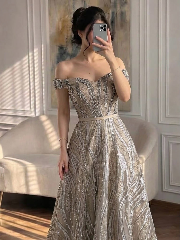 Luxury Caramel Off the Shoulder Beaded A Line Evening Dress LA73811 SERENE HILL