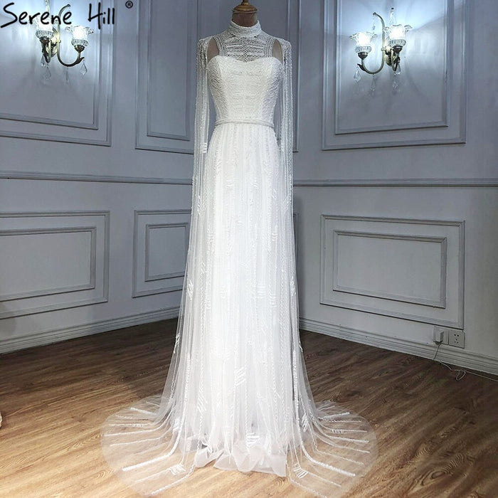 Luxury Designer Grey Nude Arabic Beaded Evening Dress with Cape Sleeves LA71047 - SERENE HILL