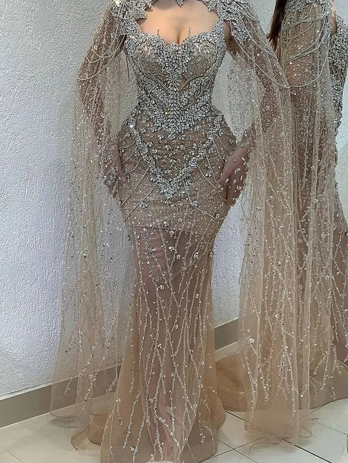 Luxury Designer Nude Beaded Crystal Evening Dress with Detachable Cape Sleeves LA72539 - SERENE HILL