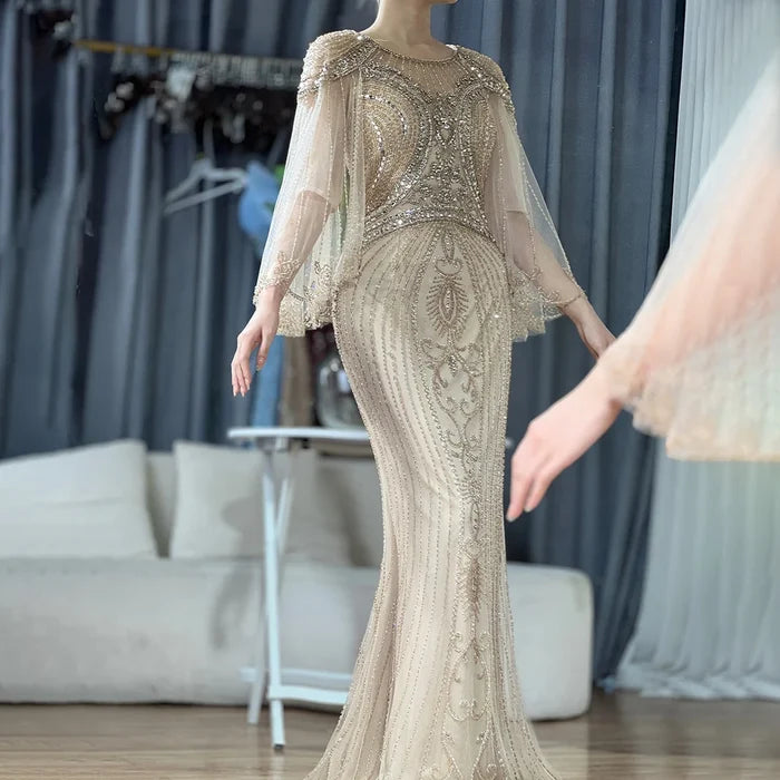Luxury Dubai Arabic Gold Elegant Mermaid Beaded Long Evening Dresses Gowns for Formal Occasion LA72749 - SERENE HILL