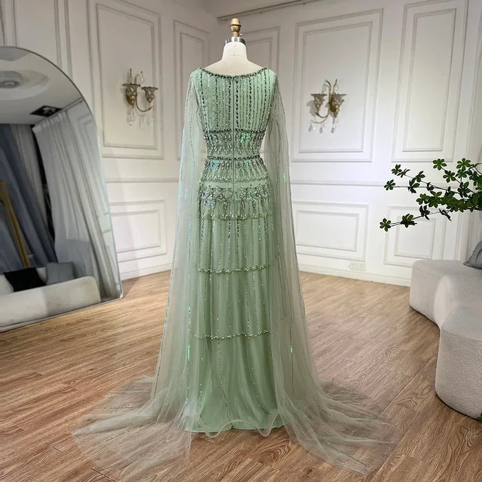 Luxury Dubai Arabic Sage Green Evening Gown with Cape Sleeves LA72595 - SERENE HILL