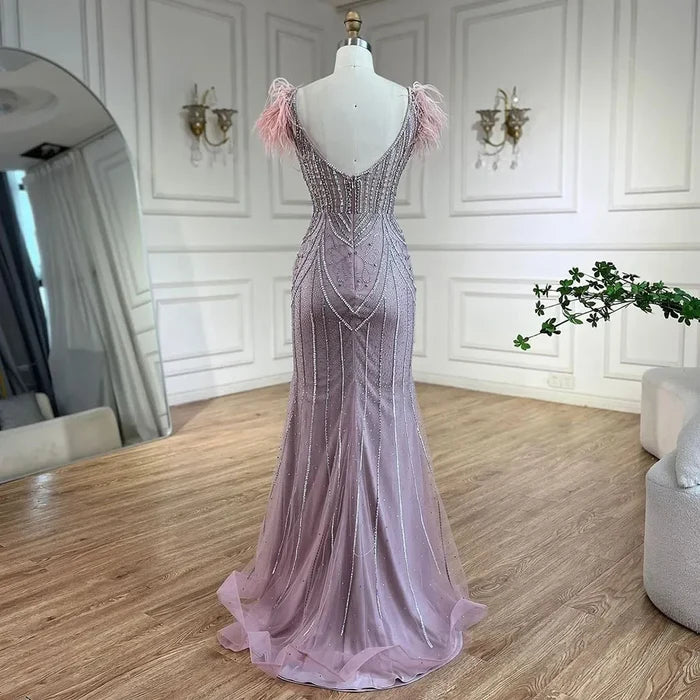 Luxury Dubai Blue Mermaid Evening Dress with Pearls and Feathers LA72578 - SERENE HILL
