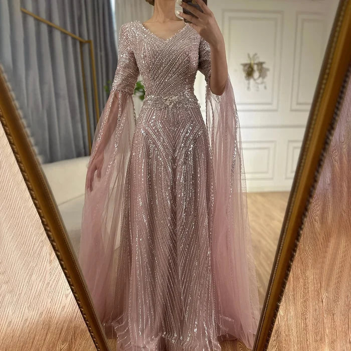 Luxury Dubai Caramel A-Line Beaded Evening Dress with Cape Sleeves LA72798 - SERENE HILL
