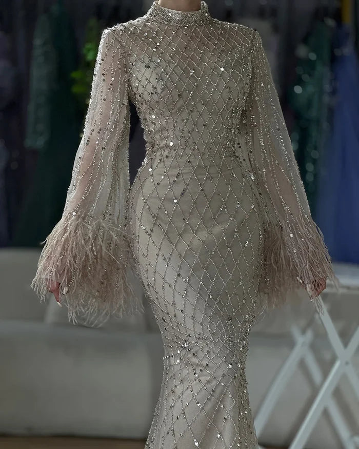 Luxury Dubai Caramel Beaded Feathers Mermaid Evening Dress LA72394A - SERENE HILL