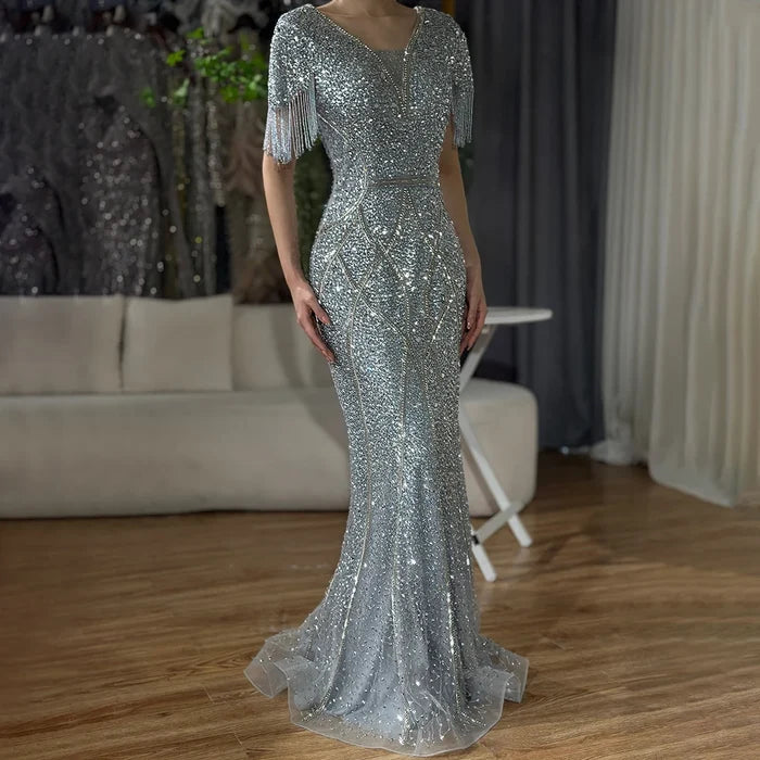 Luxury Dubai Gray Saudi Arabic Evening Gown with Beaded Tassel Dress for Formal Occasion LA72743 - SERENE HILL