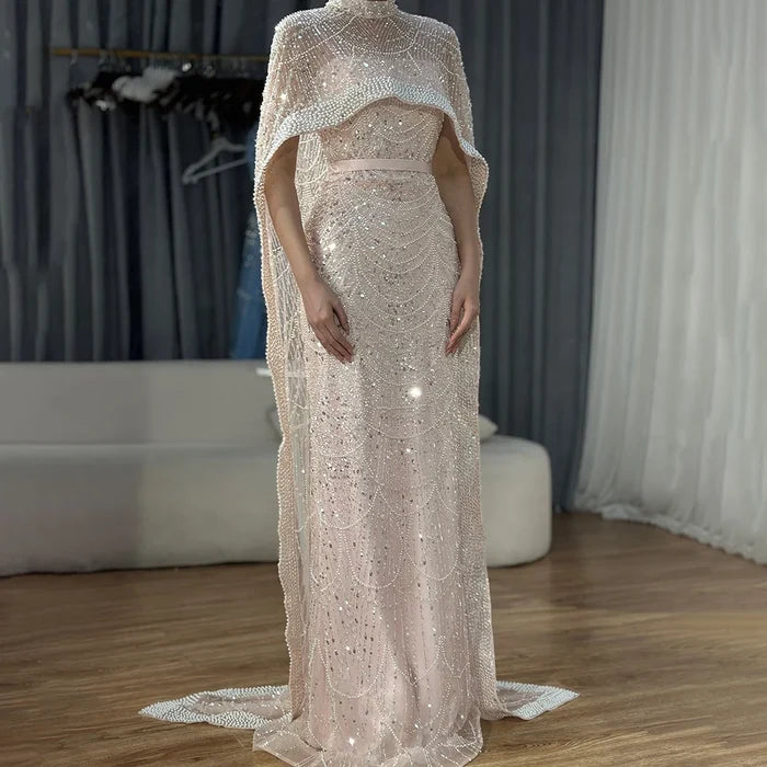 Luxury Dubai Nude Mermaid Long Cape Evening Dress LA72032P - SERENE HILL
