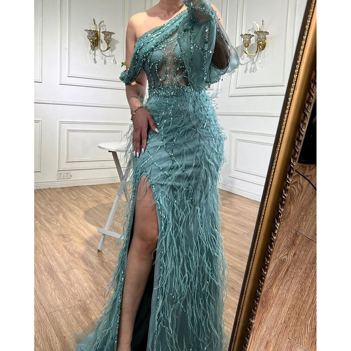 Luxury Dubai Pink Feather Evening Dress LA70513 On Sale - SERENE HILL