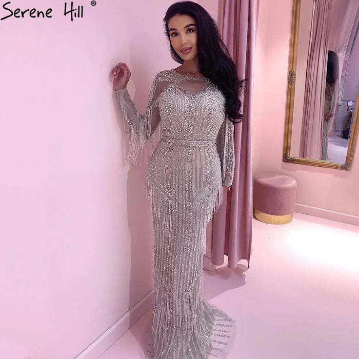 Luxury Dubai Tassel Silver Nude Mermaid Evening Dress LA71166 - SERENE HILL
