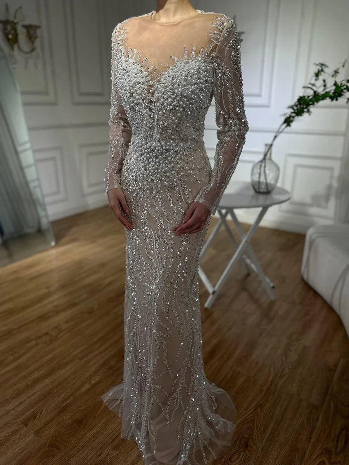 Luxury Dubai White Nude Mermaid Evening Dress With Long Sleeve LA72634 - SERENE HILL