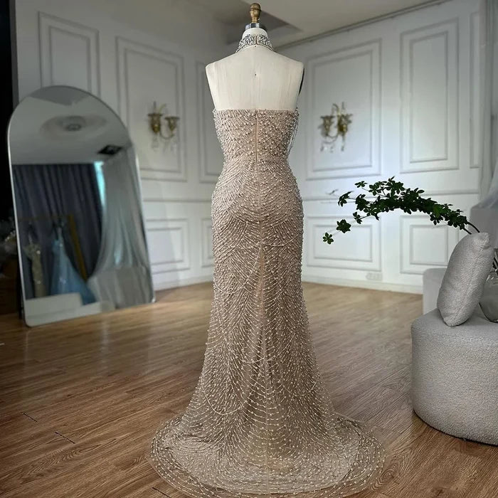 Luxury Famous White Nude Pearls Beaded Mermaid Evening Dress With Cape LA72802 - SERENE HILL