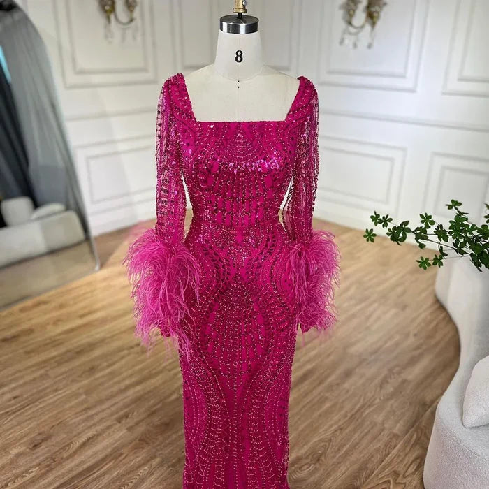Luxury Fuchsia Dubai Evening Dress Long Sleeves with Feather LA72565 - SERENE HILL