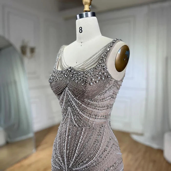 Luxury Nude Pearl Beaded Mermaid Evening Dress with Spaghetti Straps LA72356 - SERENE HILL