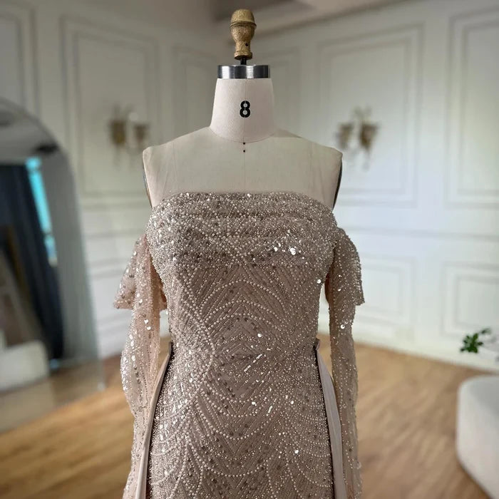 Luxury Nude Pearls Beaded Mermaid Evening Gown with Overskirt LA72160B - SERENE HILL