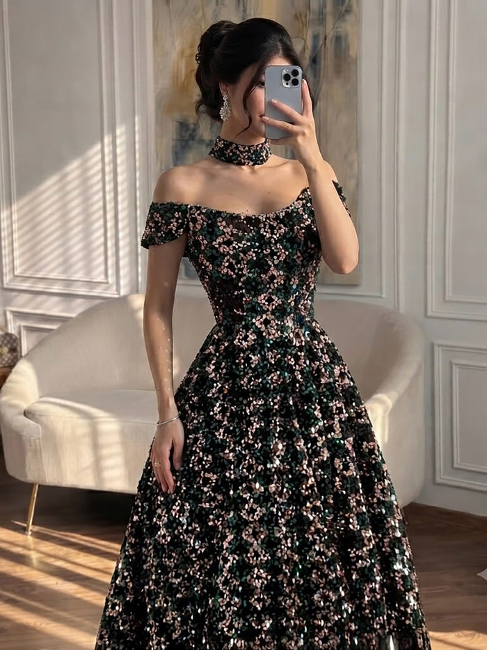 Luxury Off the Shoulder Sequined Beaded A Line Evening Dress LA73826 SERENE HILL