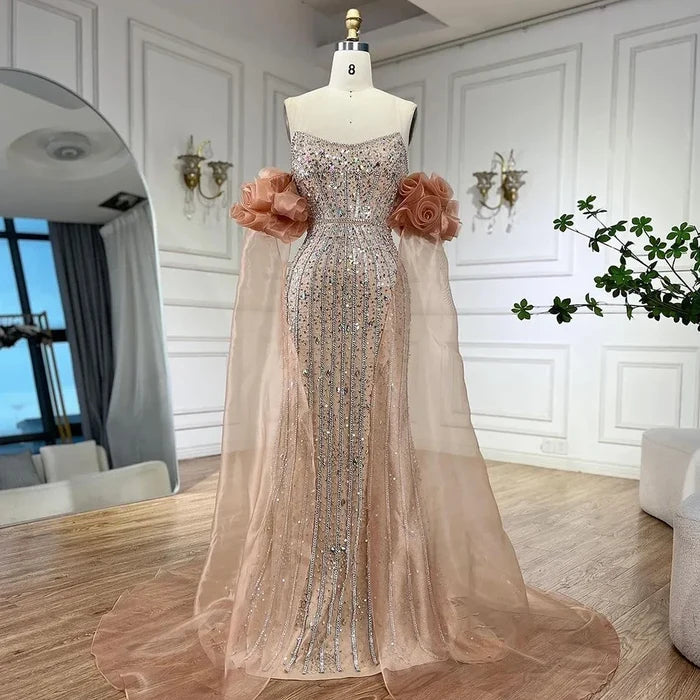 Luxury Pink Beaded Mermaid Evening Dress with Puff Sleeves LA72569 - SERENE HILL