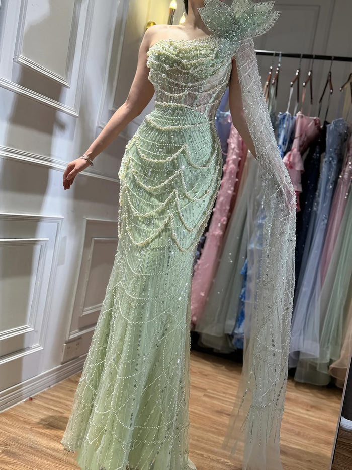 Luxury Sage Green One-Shoulder Pearls Beaded Evening Dress LA72511 - SERENE HILL